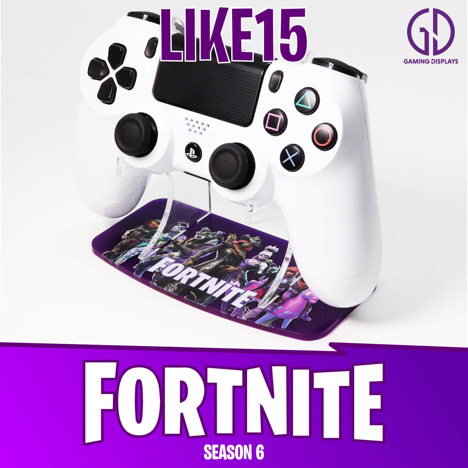 Fortnite Season 6 PS4 Printed Controller Stand in purple with characters and game title