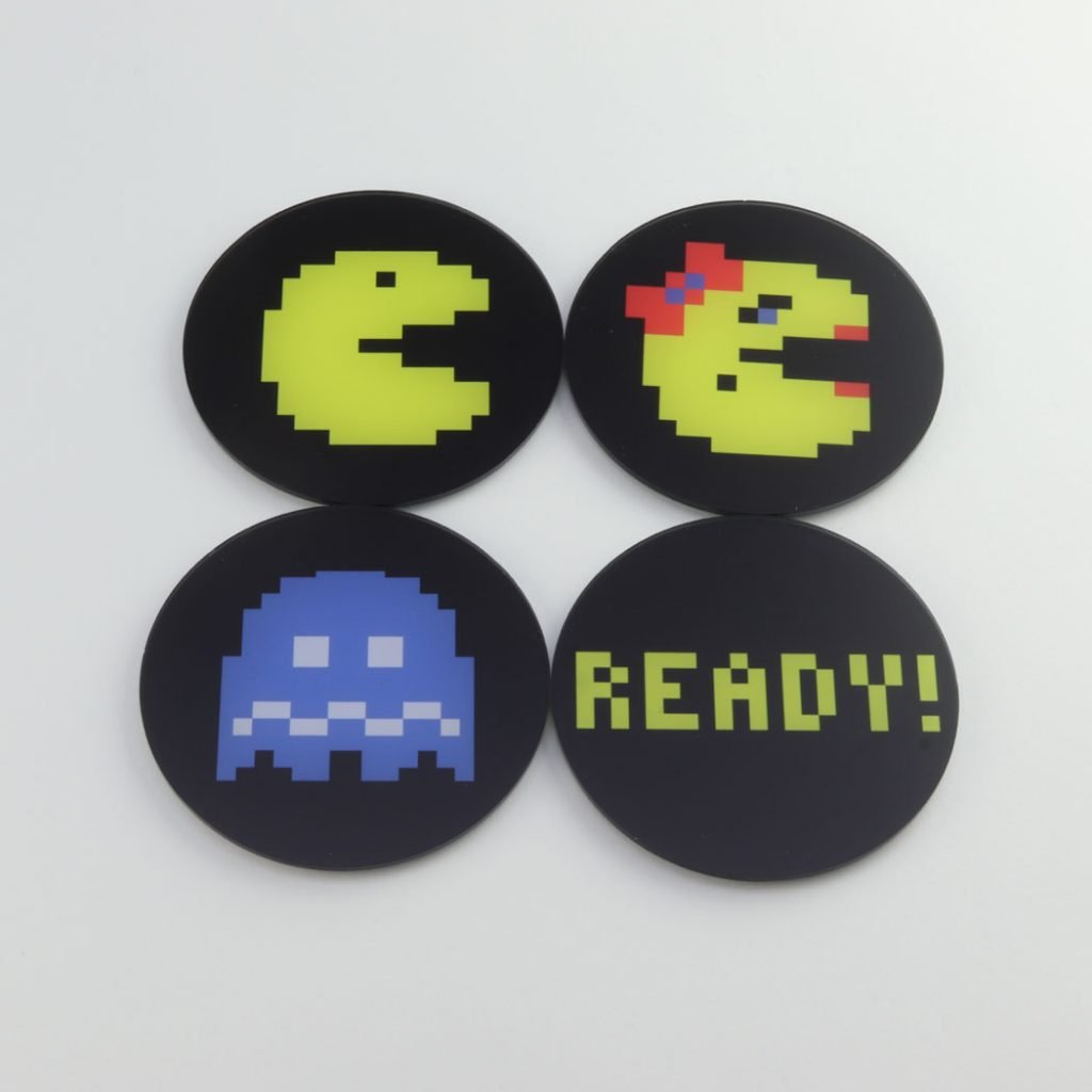Pac-Man themed printed acrylic gaming coasters